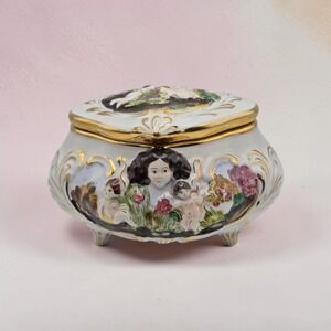 Vintage Capodimonte Italian Footed Earthenware Box Cherubs Woman Flowers